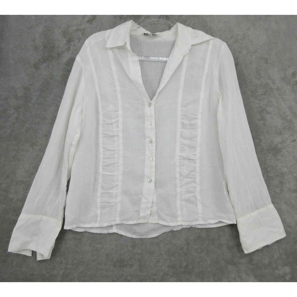 WEAVZ Blouse Womens Small Linen Button Front Romantic Feminine Coquette White